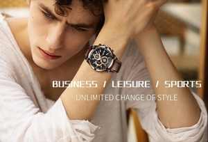 Brown leather strap men's racing watch with multifunctional dial on a male wrist