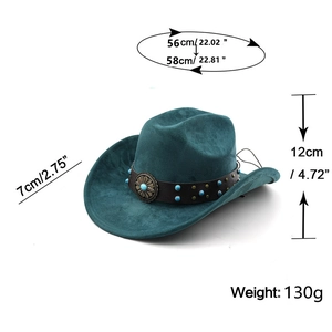 Détails du chapeau de cowboy turquoise avec dimensions et bandeau en cuir bohème