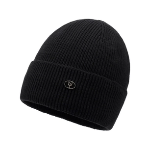 Classic black ribbed knit beanie with metal logo plaque for winter outdoor warmth
