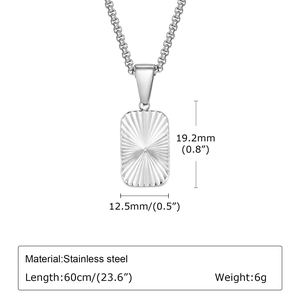 Detailed view of square stainless steel pendant with radial texture and size measurements