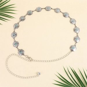Bohemian silver metal waist chain with turquoise flower links and adjustable drop