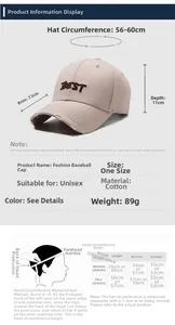 Size chart and measurement guide for vintage distressed cotton baseball cap in beige