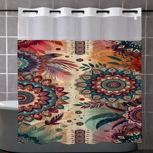 Bohemian mandala print waffle weave shower curtain set for bathroom separation