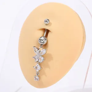Silver belly button ring with butterfly copper pendant and AAA cubic zirconia stones