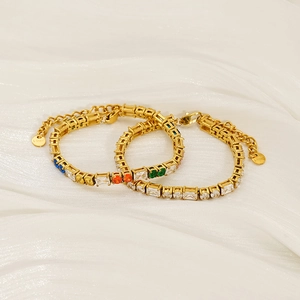 Tennis Armband Edelstahl 18K Vergoldet Quadratisch Rund Gemischt Zirkonia Mehrfarbig Verstellbarer Hip Hop Schmuck
