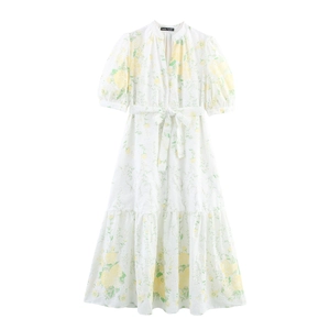 Elegant Women V-Neck Puff Sleeve Maxi Dress Floral Print High Waist Tie Front Tiered Hem Long Summer Dress For Vacation