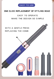 Detail showing 5-in-1 hair styler with easy one-click styling head replacement