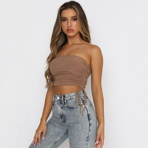 Haut bustier marron pour femme avec cordon de serrage froncé et coupe ajustée sexy