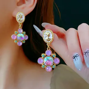 Vintage Baroque oval cameo earrings with colorful crystal floral drops for women