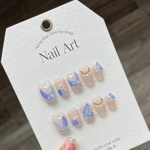 Press On Nails Hand Painted 3D Mermaid Tail Cat Eye Blue Butterfly Faux Artificial Pearl Gold Chain Baroque Style For Women