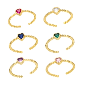 Heart Ring Adjustable Gold Plated Copper Cubic Zirconia Beaded Band Minimalist Retro Jewelry For Women