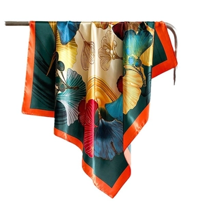 Satin silk scarf with ginkgo leaf print and vibrant colorful borders for women