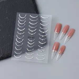 Détail de stickers à ongles 5D argentés avec lignes métalliques et strass brillants