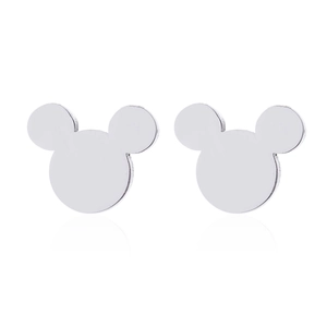 Macro shot of silver stainless steel Mickey silhouette stud earrings on white background