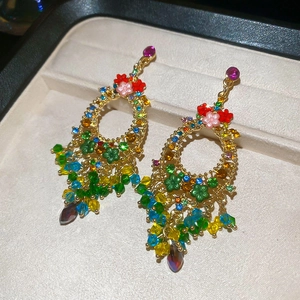 Bohemian crystal flower drop earrings with multi-color beads and brown teardrop pendants