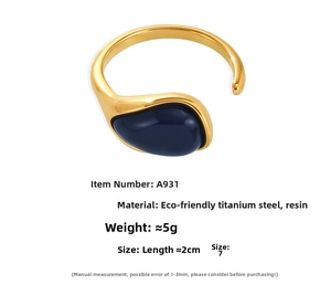 Detailed size and material guide for gold teardrop blue resin ring in stainless steel