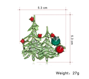 Detail view of crystal Christmas tree brooch with dimensions 5.3cm and 27g weight