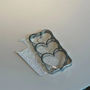 Silver electroplated iPhone case with 3D hollow heart shapes and glittery interior texture