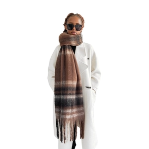 Classic brown plaid mohair scarf with long tassels for winter warmth and soft texture