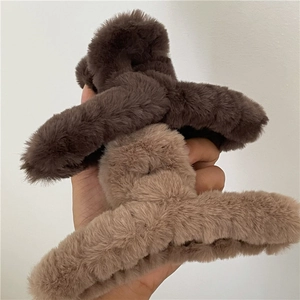 Set of two large 13cm plush hair claw clips in coffee brown and khaki faux fur texture