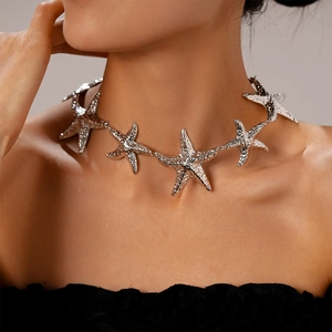 Detail showing five textured silver starfish connected on a minimalist choker necklace