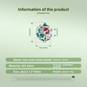 Detailed size specifications for 925 silver four-leaf clover and ladybug charm bead