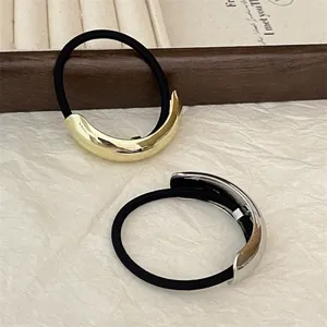 Minimalist alloy half-circle hair rings in gold and silver finish with elastic ties