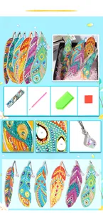 Close-up of 6Sets DIY feather diamond painting bookmarks with crystal pendants and tool kit