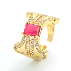 Korean Vintage Luxurious Metal Adjustable Open Ring Geometric Rectangular Zirconia Micro Pave Rainbow Colorful Jewelry Ring