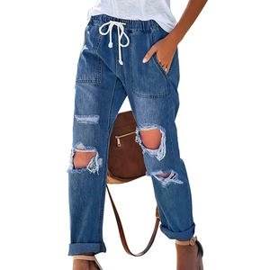 Classic mid-blue distressed denim jeans for women with elastic drawstring and rip details