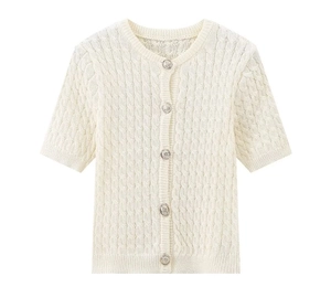 Close-up of cable knit texture and silver buttons on a white short sleeve cardigan