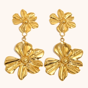Double Flower Drop Earrings 18K Gold Plated Stainless Steel Statement Floral Spliced Textured Ear Jewelry For Women