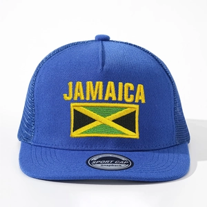 Navy blue Jamaica flat brim snapback trucker hat with mesh back and sport cap sticker