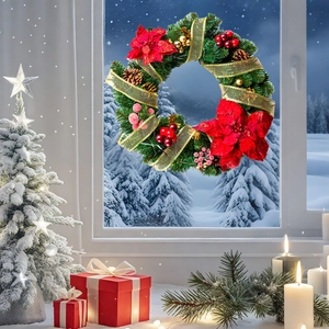 Detailed Christmas wreath with pine cones and red berries on a snowy window background