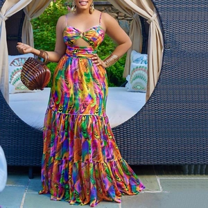 Women's sexy halter maxi dress with feather print and cutout ring detail for summer