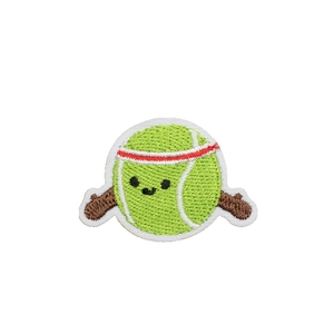 Mini tennis ball embroidered patch with red headband detail on white background