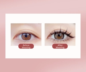 Before and after comparison of natural long false eyelashes for eye-enlarging effect