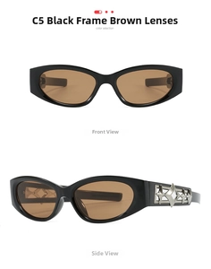 Detail of Y2K sunglasses with silver star cross metal decor and brown lenses