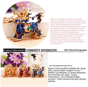 Close-up of diamond-studded Kirin keychain made of eco-friendly zinc alloy and rhinestones