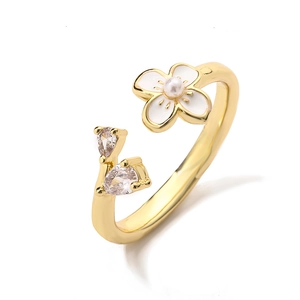 Adjustable gold flower open ring with white enamel petals, pearl center, and drop zircons