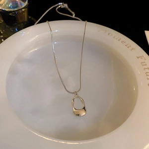 Detail of silver snake chain with hollow irregular pendant on white ceramic plate