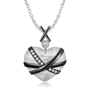 925 Sterling Silver Heart Pendant Necklace For Women Men Modern Black White Contrast Rhinestone Inlaid Jewelry Minimalist Gift