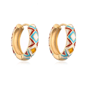 Detail of 18K gold plated earrings with colorful enamel geometric diamond patterns