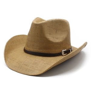 Western Cowboy Straw Hat Vintage Paper Woven Sun Protection Summer Beach Breathable For Men Women With Belt Buckle
