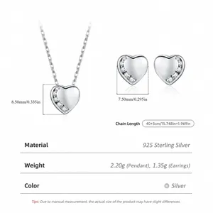 Polished S925 sterling silver heart necklace and stud earrings jewelry set for women