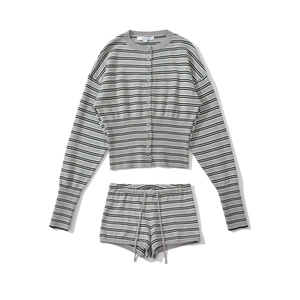 Women's two-piece striped knit set with button cardigan and drawstring shorts in grey green