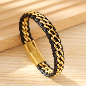 Men's geometric double-strand leather bracelet with gold chain and magnetic clasp