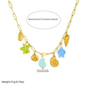 Gold chain necklace with colorful shell and turtle charms, length 39cm plus 6.5cm extension