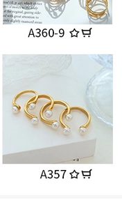 Detail view of gold layered ring A360-9 and faux pearl open ring set A357 for women