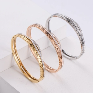 Three-color titanium steel bracelets with Greek Key pattern and inlaid cubic zirconia